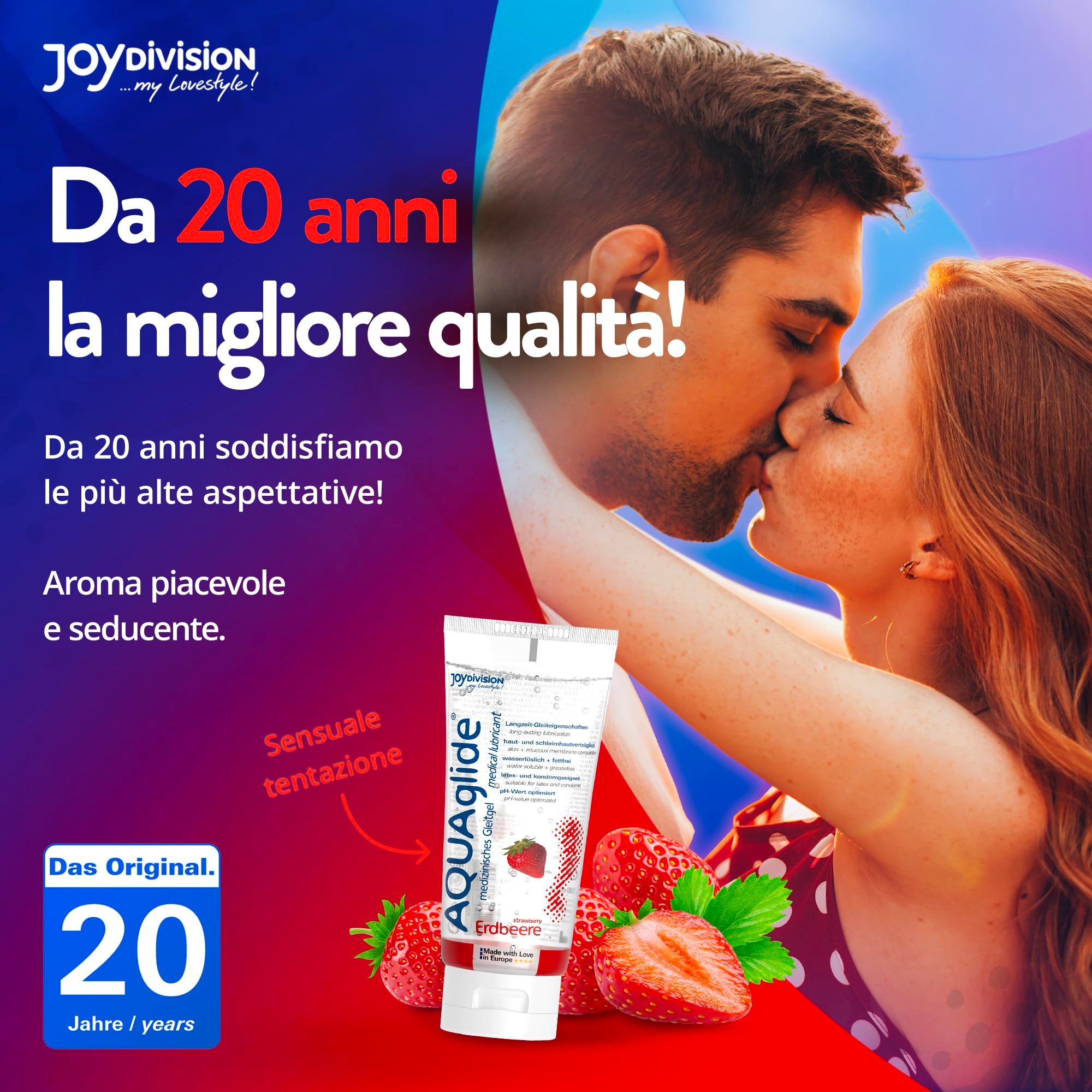 Tubo di gel lubrificante AquaGlade Fragola, con fragole, bolle d'acqua e testo.