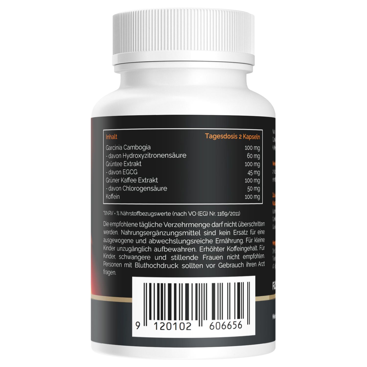 Retro di un flacone di pillole bianco. Contiene informazioni sugli ingredienti, il dosaggio e le avvertenze. Codice a barre in basso.