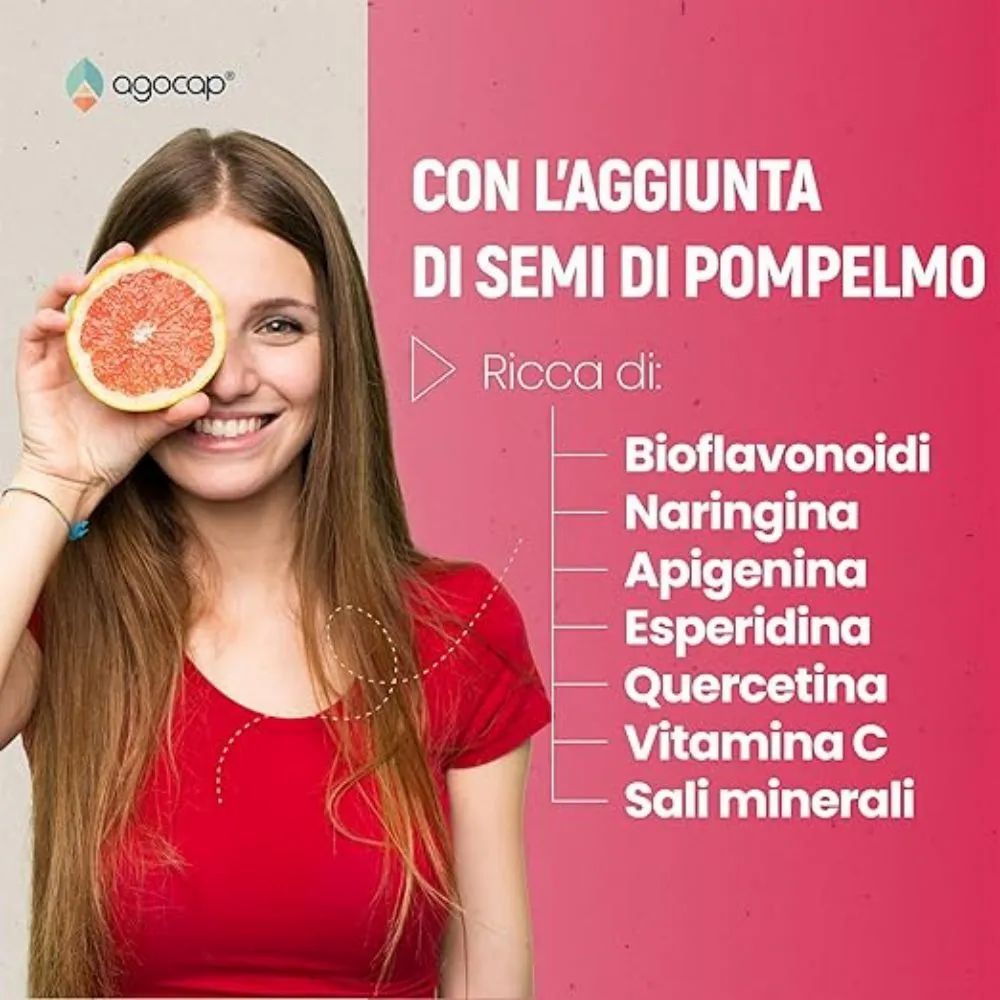 Donna con pompelmo. Testo: Ricco di bioflavonoidi, naringina, apigenina, esperidina, quercetina, vitamina C.