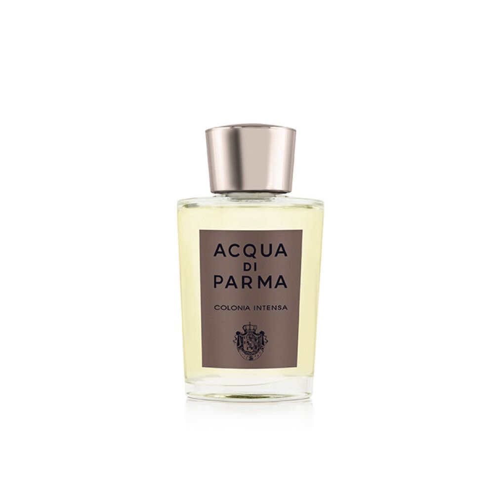 Flacone in vetro con tappo argentato. Scritta: Acqua di Parma Colonia Intensa. Etichetta con stemma.