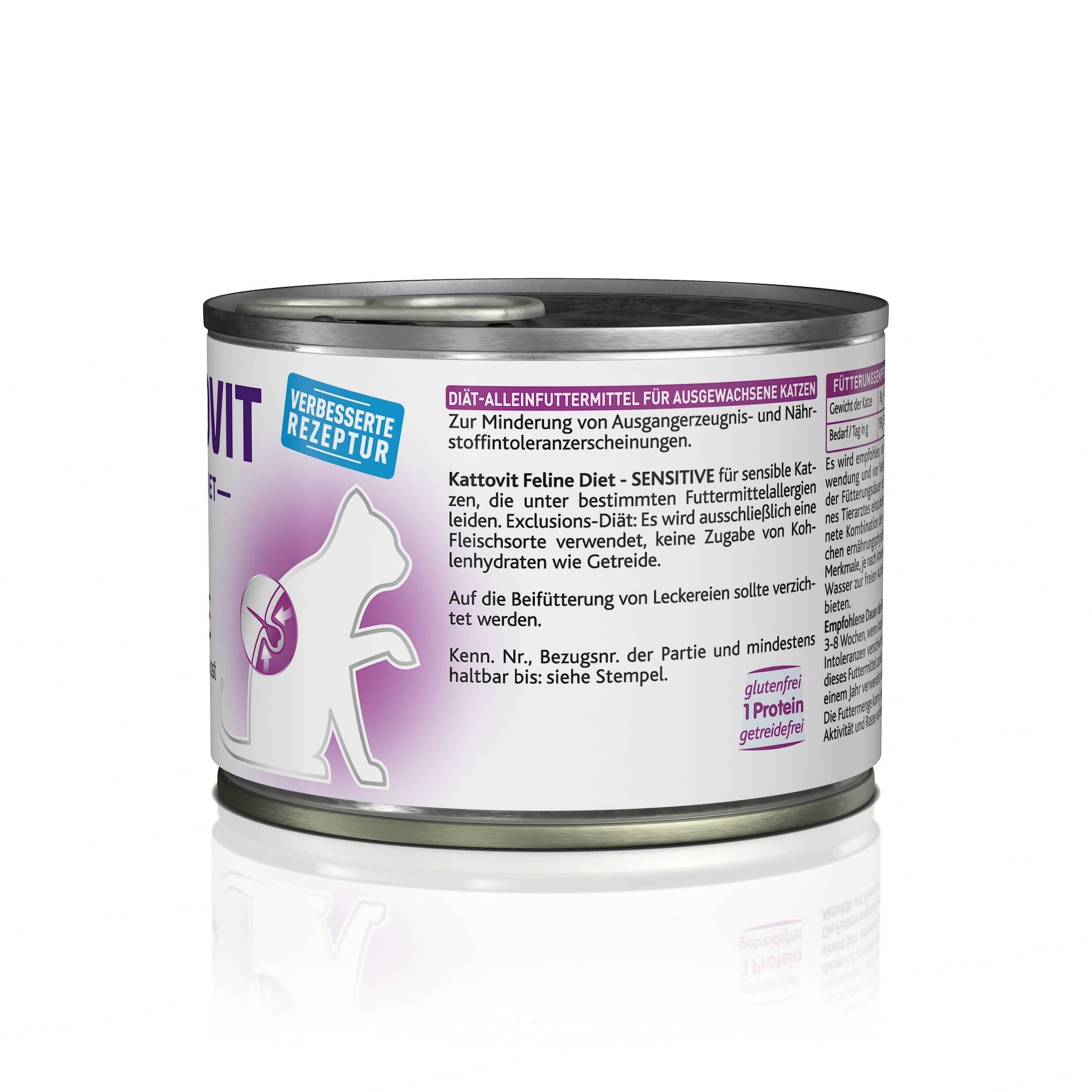 Lattina Kattovit Sensitive Pute. Etichetta bianca con testo e logo. Scritta: Sensitive, alimento dietetico ipoallergenico. Con ricetta migliorata.
