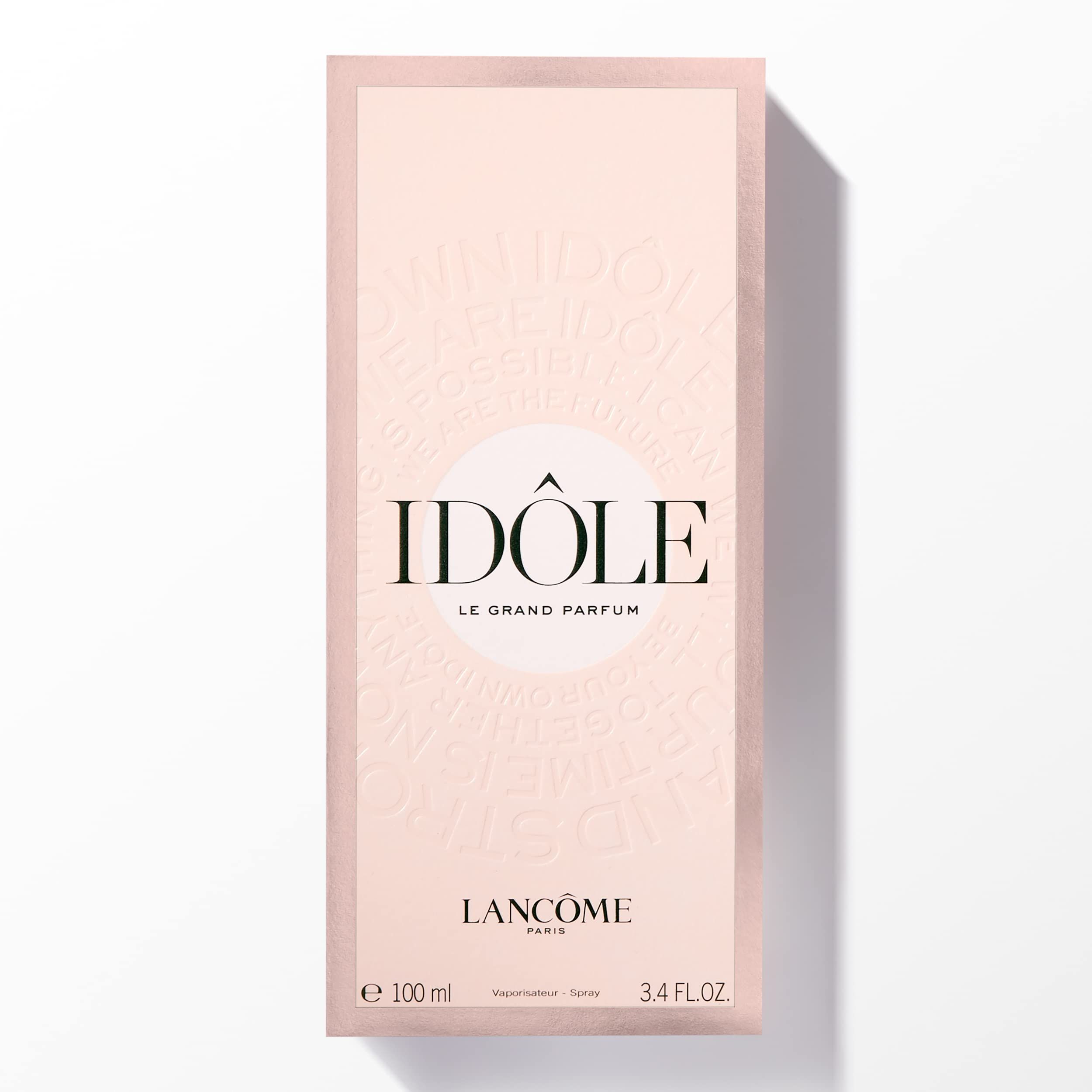 Confezione rosa con stampa IDÔLE LE GRAND PARFUM e LANCÔME. E 100 ml, 3.4 FL.OZ.