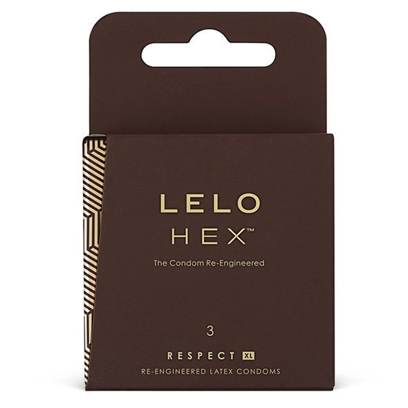 Confezione da 3 preservativi LELO HEX XL. Scatola marrone scuro con motivo esagonale dorato.