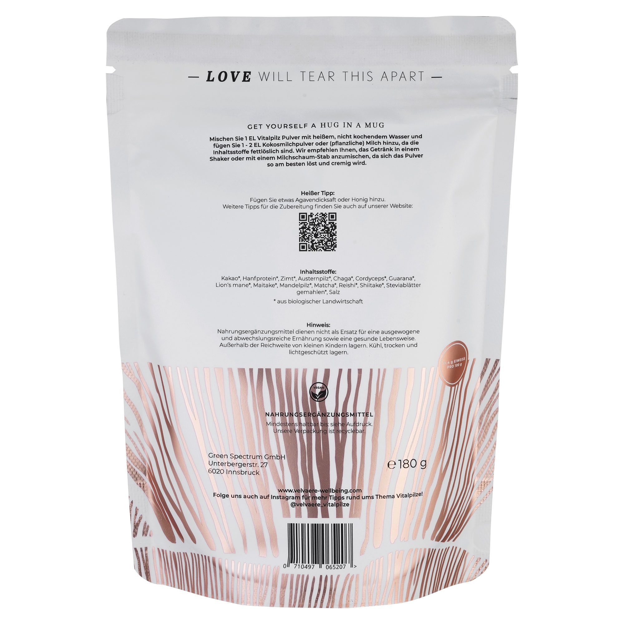 Retro della confezione. Testo: GET YOURSELF A HUG IN A MUG. Ingredienti, informazioni produttore, certificazione.