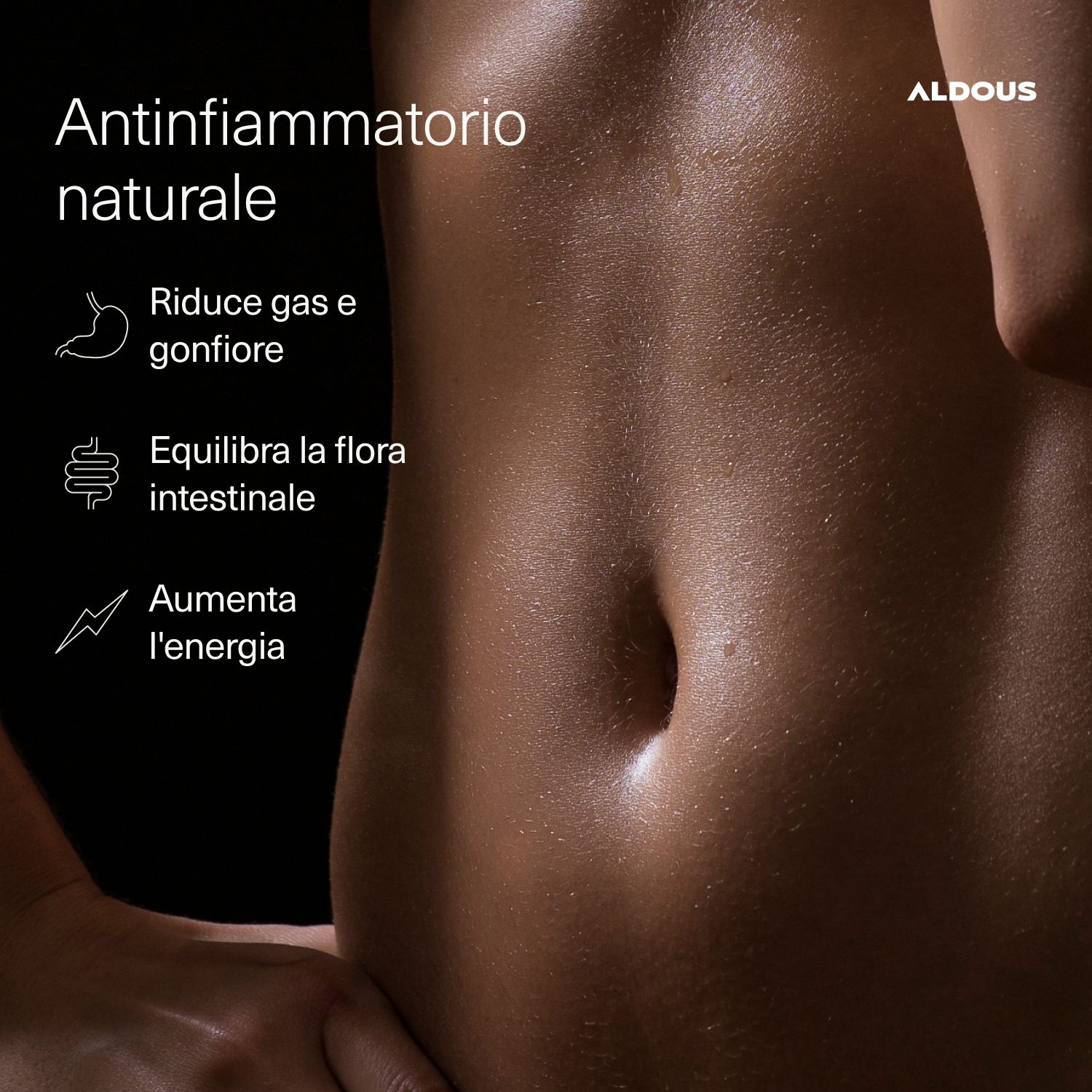 Aldous Curcuma: Antinfiammatorio naturale con simboli per digestione ed energia.
