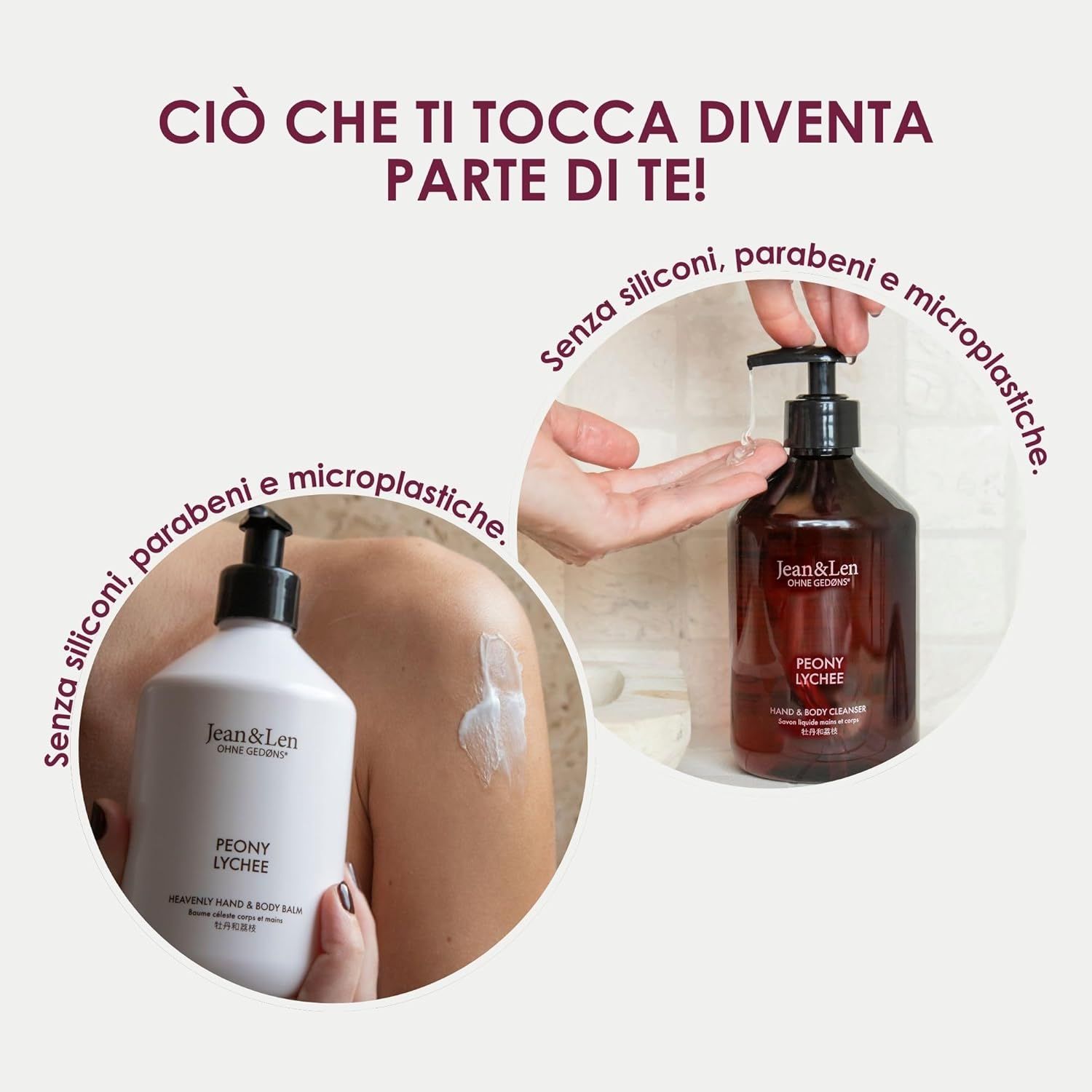 Due flaconi con dosatore. Testo: Peony Lychee. Logo Jean & Len. Senza siliconi, parabeni e microplastiche.