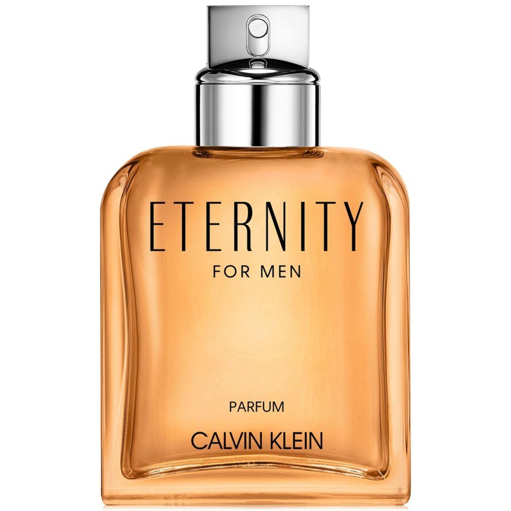 Flacone di profumo con tappo argentato. Scritta "ETERNITY FOR MEN" e "CALVIN KLEIN". Liquido ambrato.