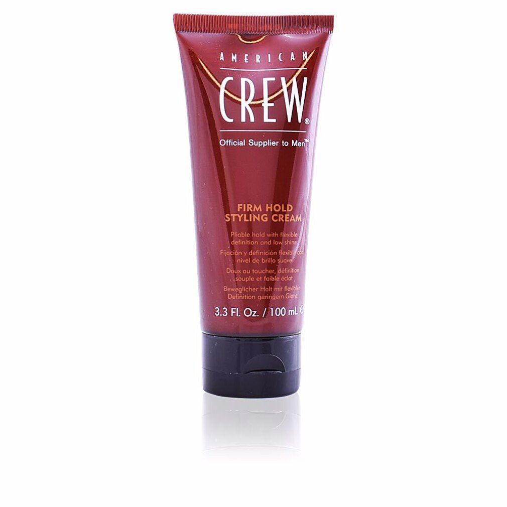Tubo rosso con tappo nero. Scritta: American Crew, Firm Hold Styling Cream. 3.3 Fl. Oz. / 100 ml.