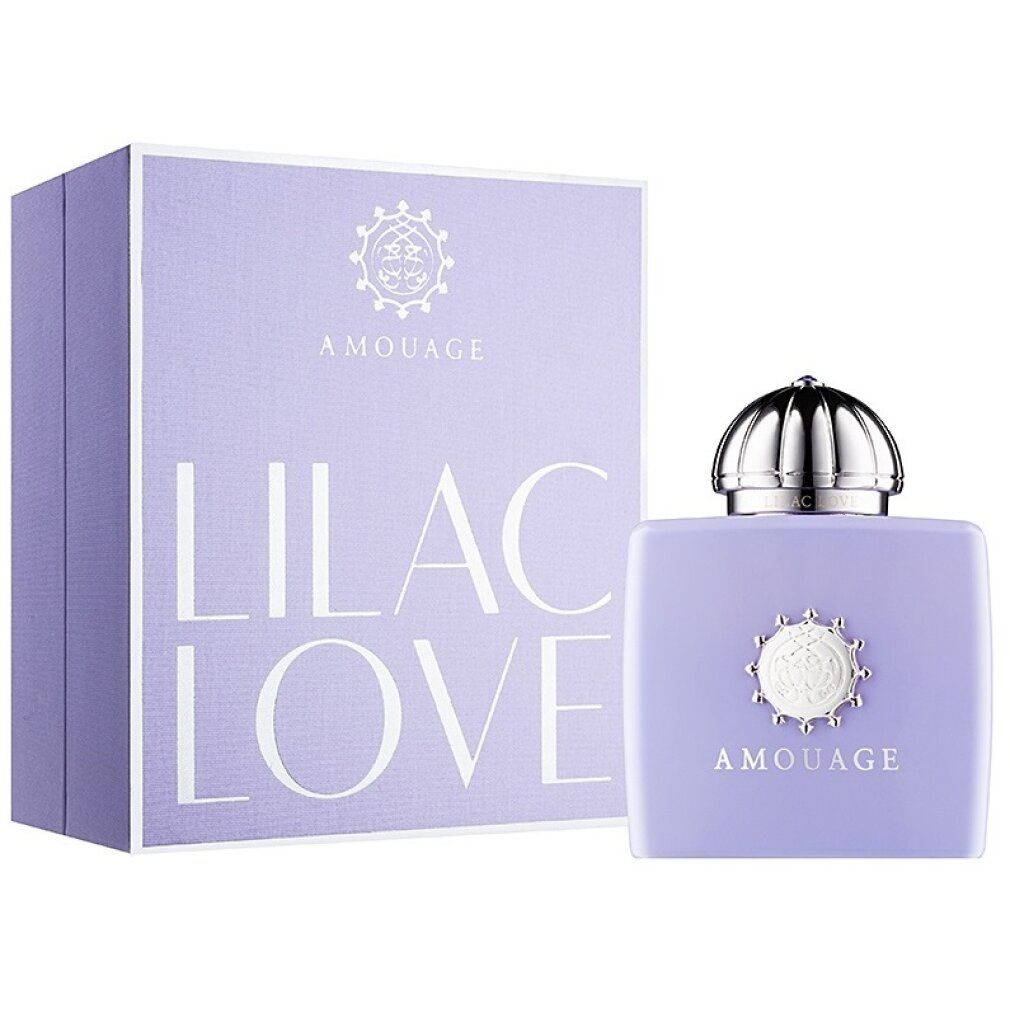 Profumo e scatola lilla. Scritta LILAC LOVE e AMOUAGE.