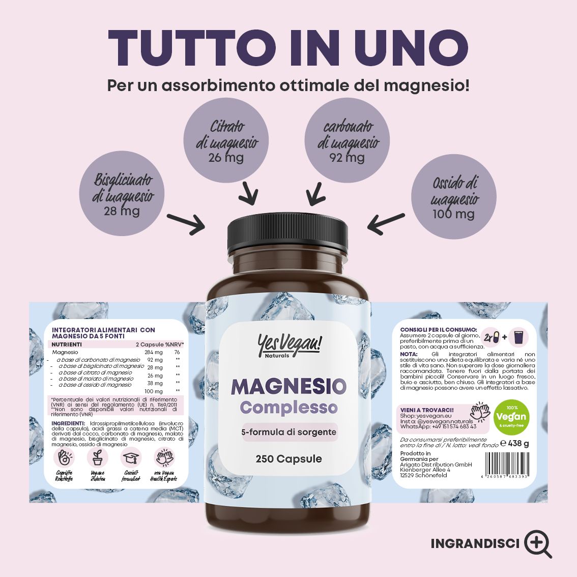 Donna sorridente con bicchiere d'acqua e capsula. "Molto efficace contro le tensioni muscolari!". Valutazione 4,57.