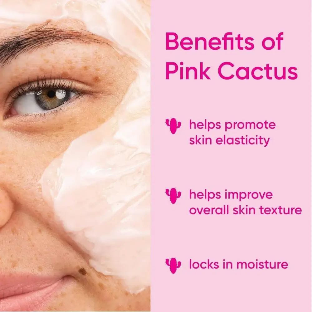 Primo piano di un viso con crema. Testo: "Benefits of Pink Cactus", "helps promote skin elasticity", "helps improve overall skin texture", "locks in moisture".