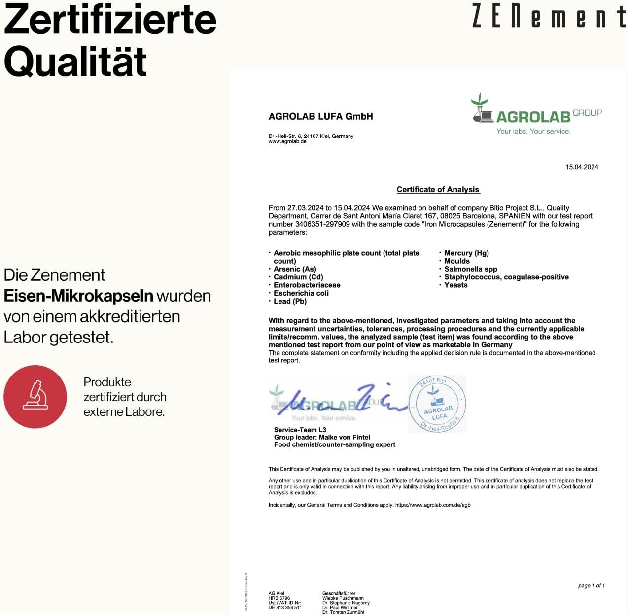 Certificato di Agrolab LUFA GmbH. Testo: Qualità certificata. Microcapsule di ferro testate.