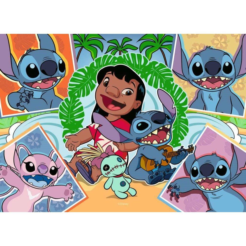 Puzzle con Lilo, Stitch e amici. Lilo seduta con Stitch e altri personaggi. Sfondo con palme e spiaggia.
