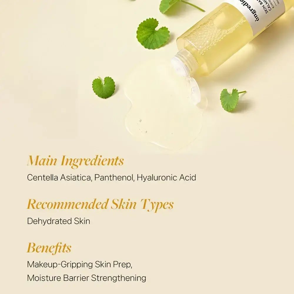 Liquido giallastro versato da una bottiglia. Testo: "Main Ingredients", "Recommended Skin Types", "Benefits".