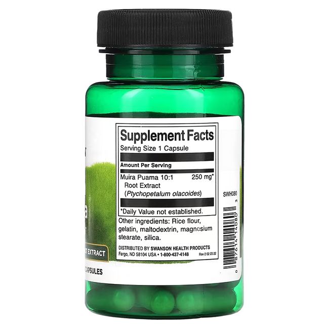 Retro di un flacone verde di capsule. Scritta: Supplement Facts, Muira Puama 10:1, 250 mg, Root Extract, ingredienti, Swanson Health Products.