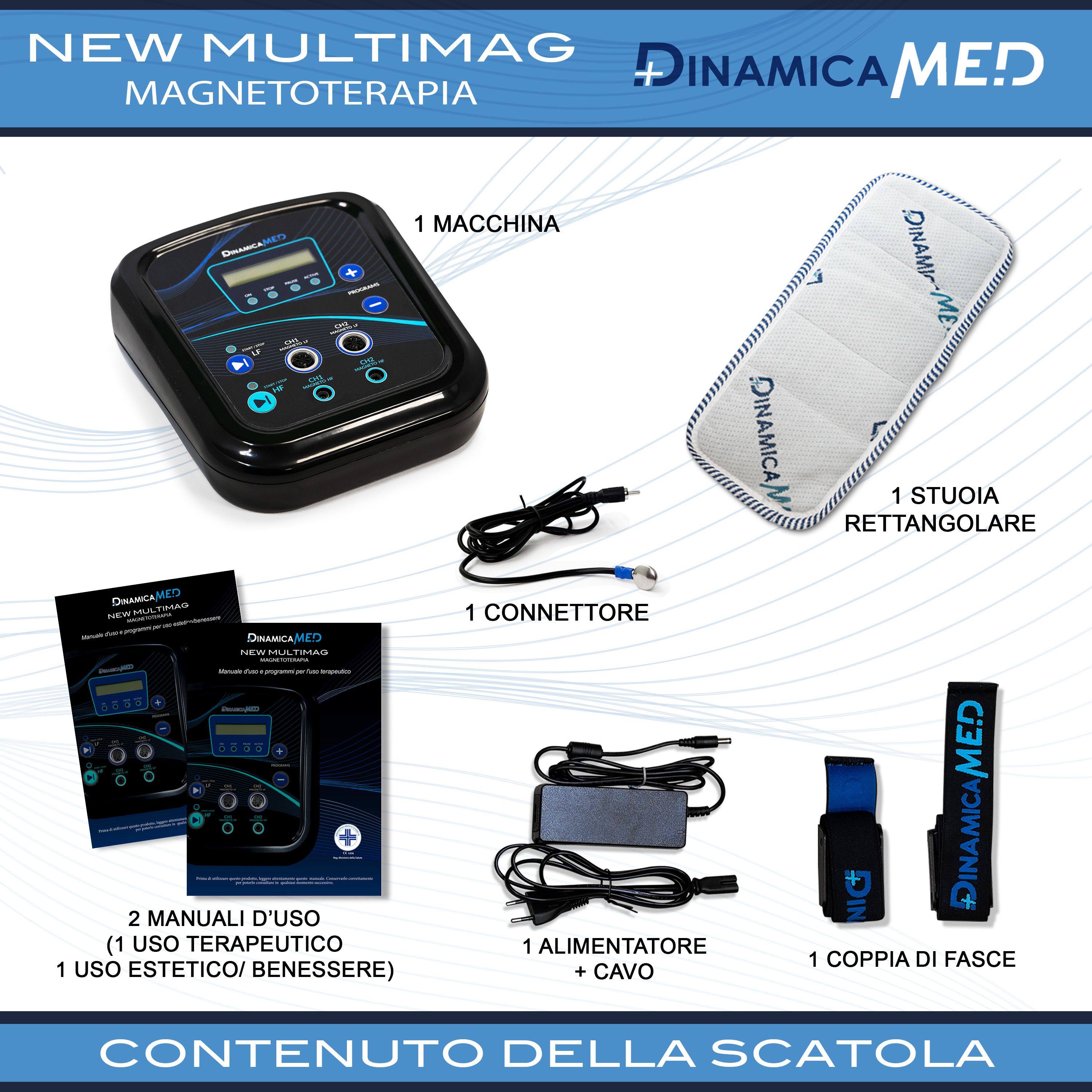 Set magnetoterapia: unità di controllo, 1 diffusore rettangolare, 1 alimentatore, 1 cavo, 1 coppia di fasce, 2 manuali.