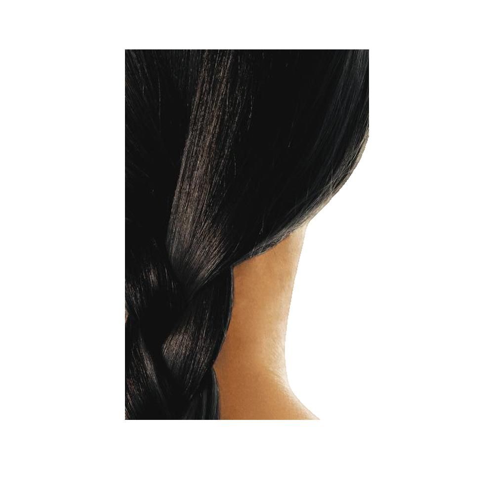 Primo piano di capelli neri intrecciati. È visibile il collo di una persona.