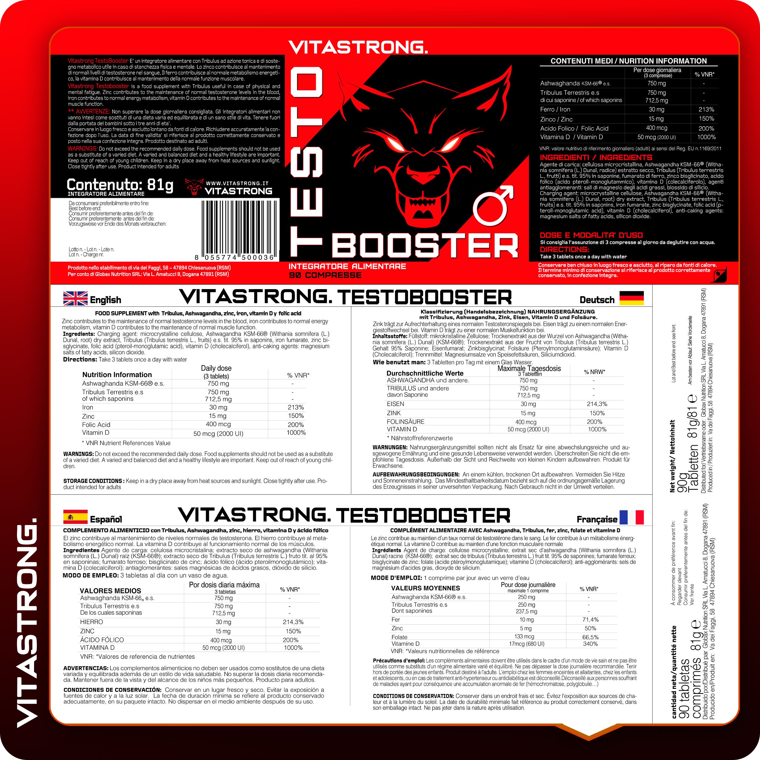 Retro di una confezione Vitastrong Testobooster con informazioni nutrizionali multilingue.