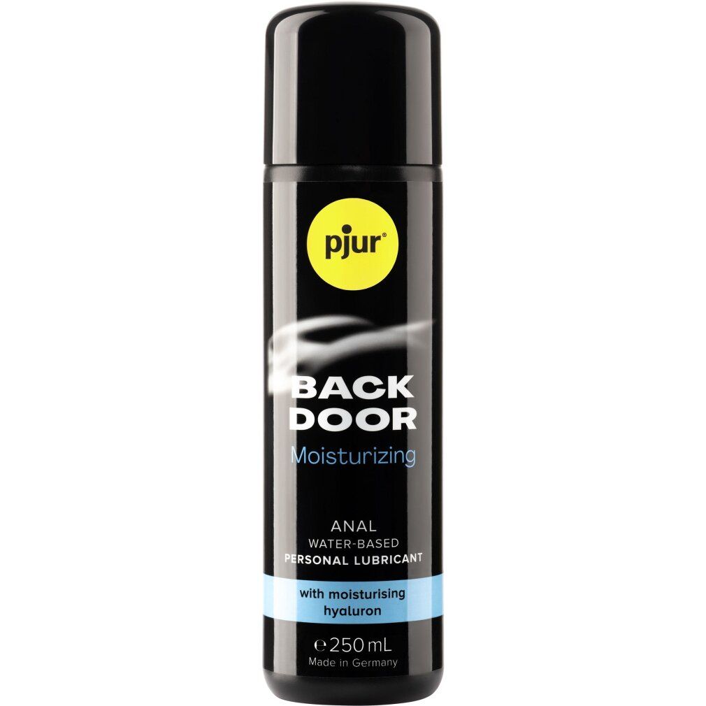 Flacone nero con logo giallo e tappo nero. Scritta: pjur, BACK DOOR, Moisturizing, Anal water-based personal lubricant. 250ml.