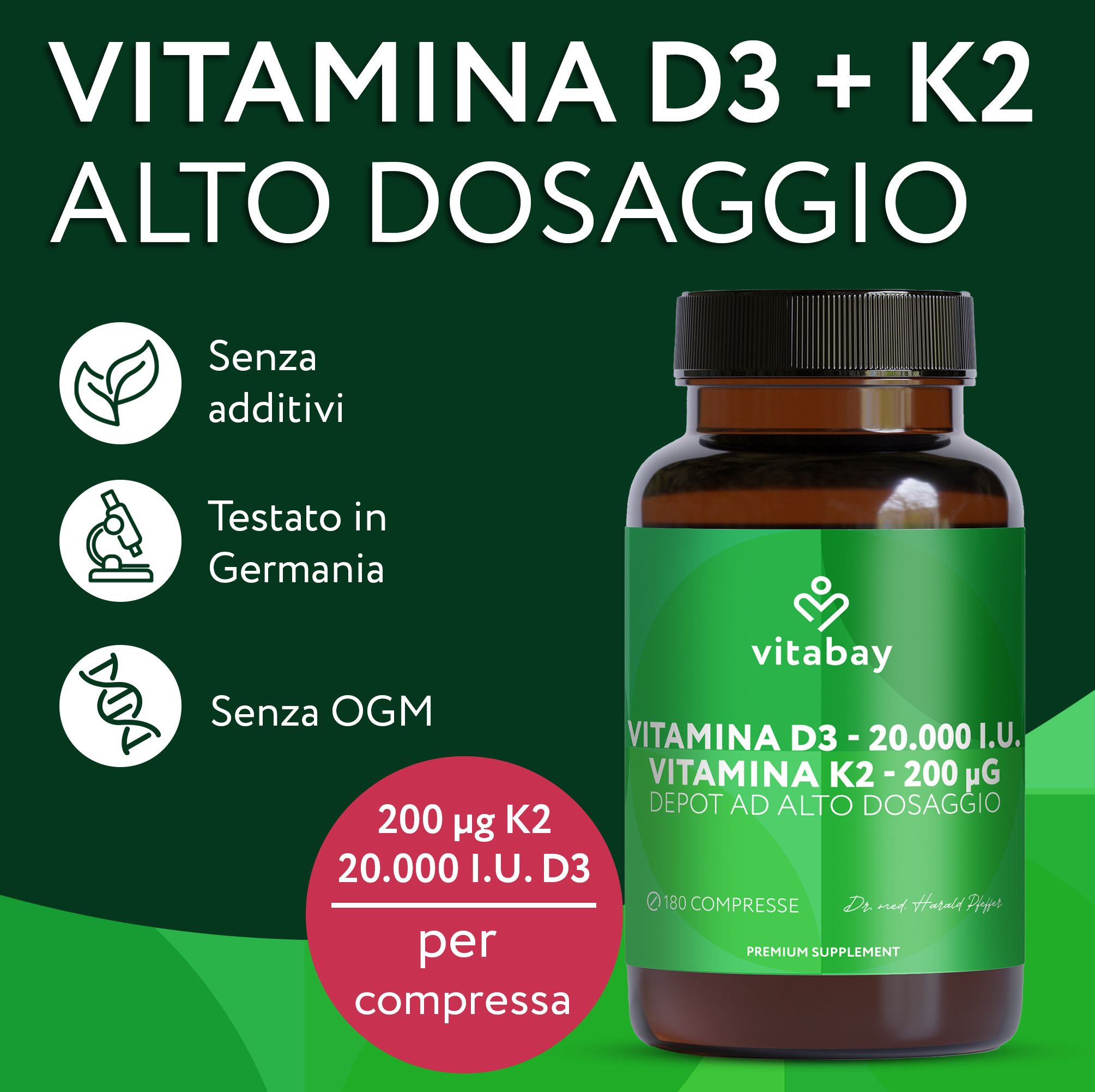 Vitabay Vitamina D3 K2 20.000 I.U. Depot ad alto dosaggio, 180 compresse. Senza additivi, testato in Germania, senza OGM.