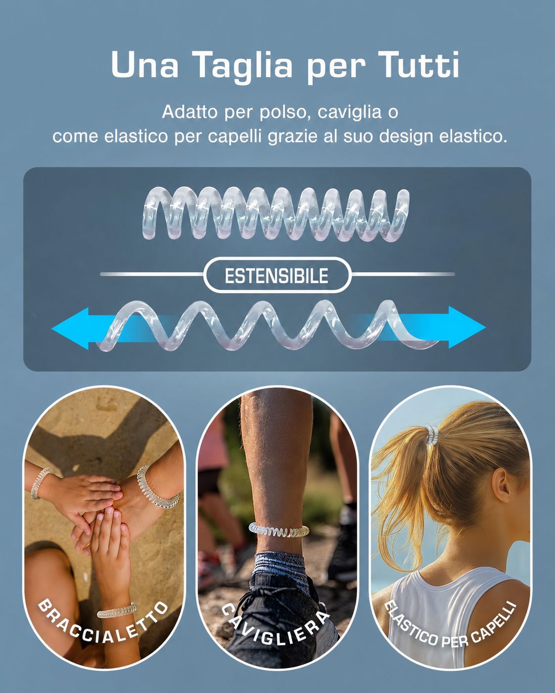 Illustrazione di un braccialetto a spirale estensibile. Esempi di utilizzo: polso, caviglia, elastico per capelli.
