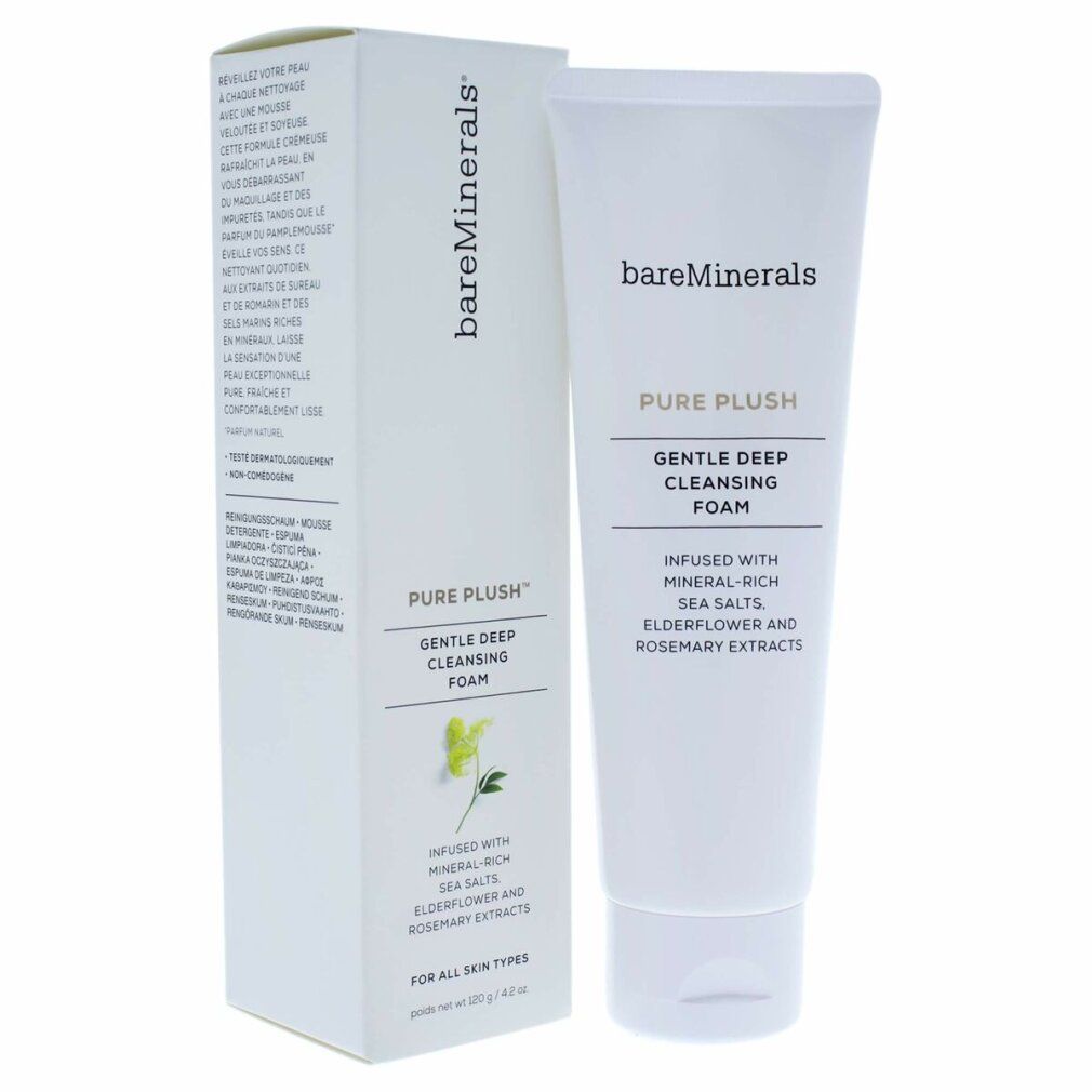 Tubo e scatola bianchi. Scritta: bareMinerals, Pure Plush, Gentle Deep Cleansing Foam. Per tutti i tipi di pelle.