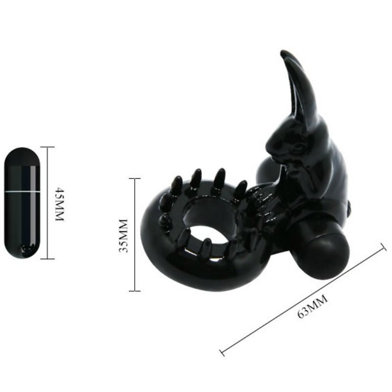 Anello vibrante nero a forma di coniglio. Dimensioni: 63x35x45mm. Anello con punte, coniglio con orecchie.