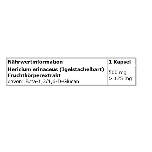 Primo piano delle informazioni nutrizionali. Testo: Hericium erinaceus (Hericium) 500 mg, di cui Beta-1,3/1,6-D-glucano > 125 mg.