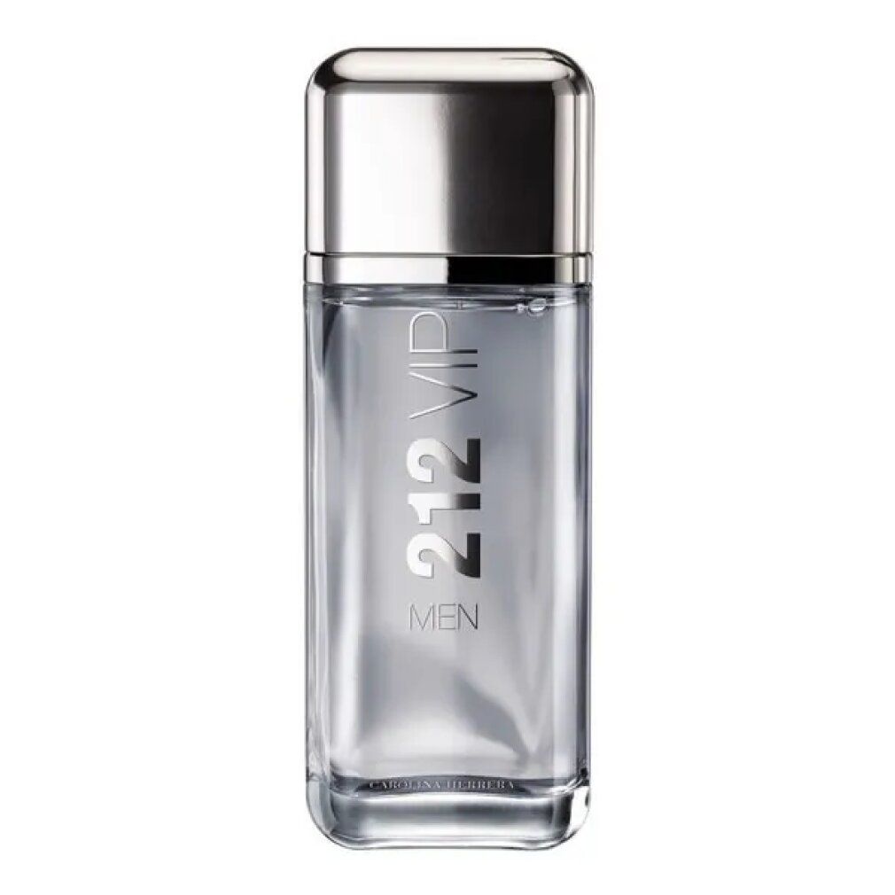 Flacone rettangolare con tappo argentato. Scritta 212 VIP MEN. Sfondo grigio chiaro.