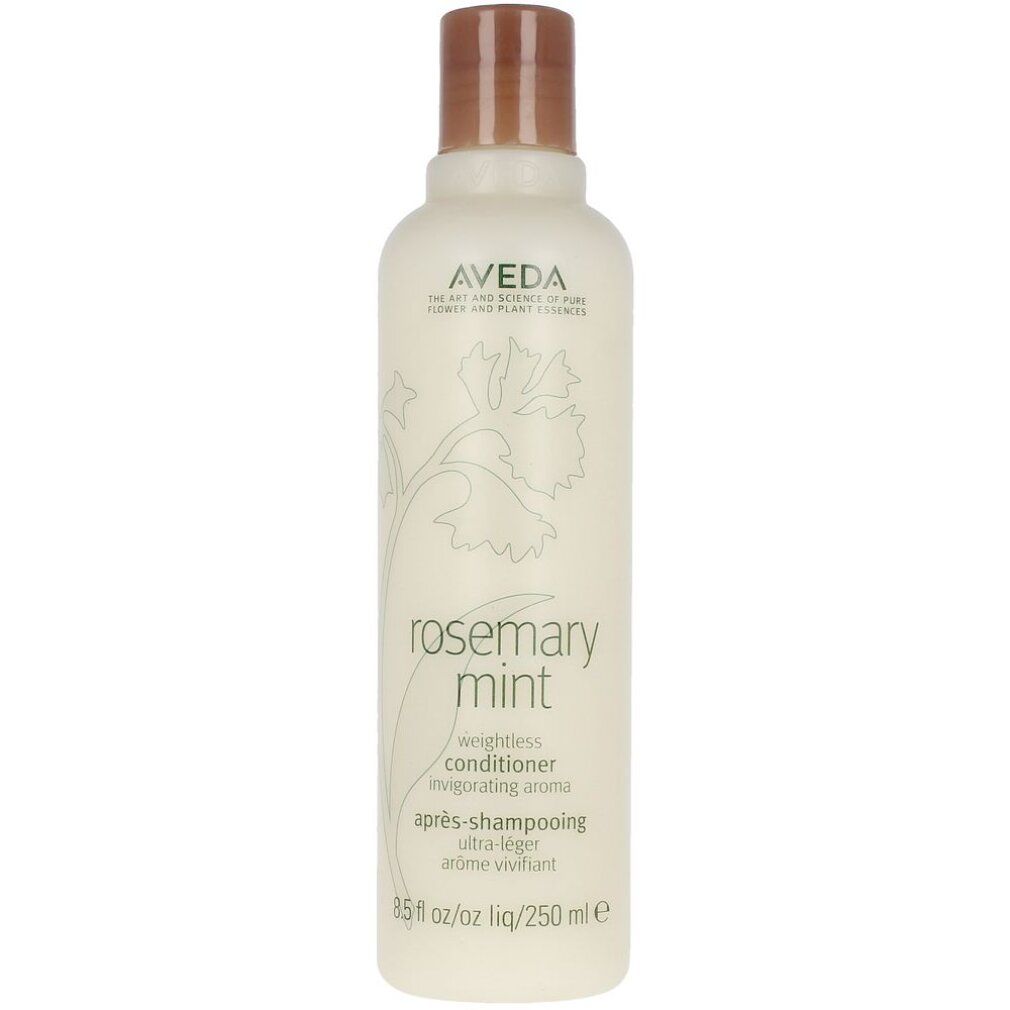 Flacone beige con tappo marrone. Scritta: Aveda, Rosemary Mint, balsamo. 250 ml.