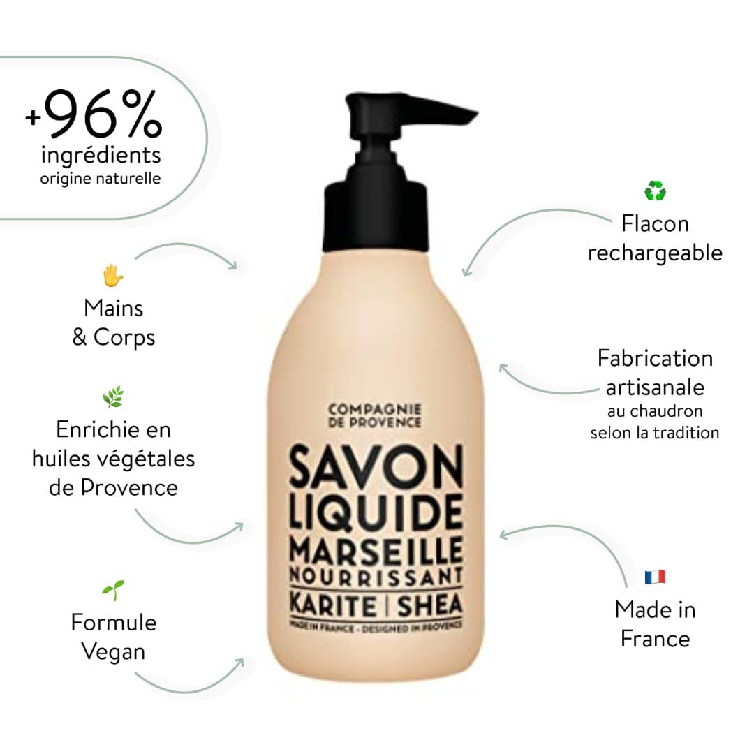 Flacone beige con erogatore nero. Testo: Savon Liquide Marseille Nourrissant Karité Shea. Grafiche aggiuntive.
