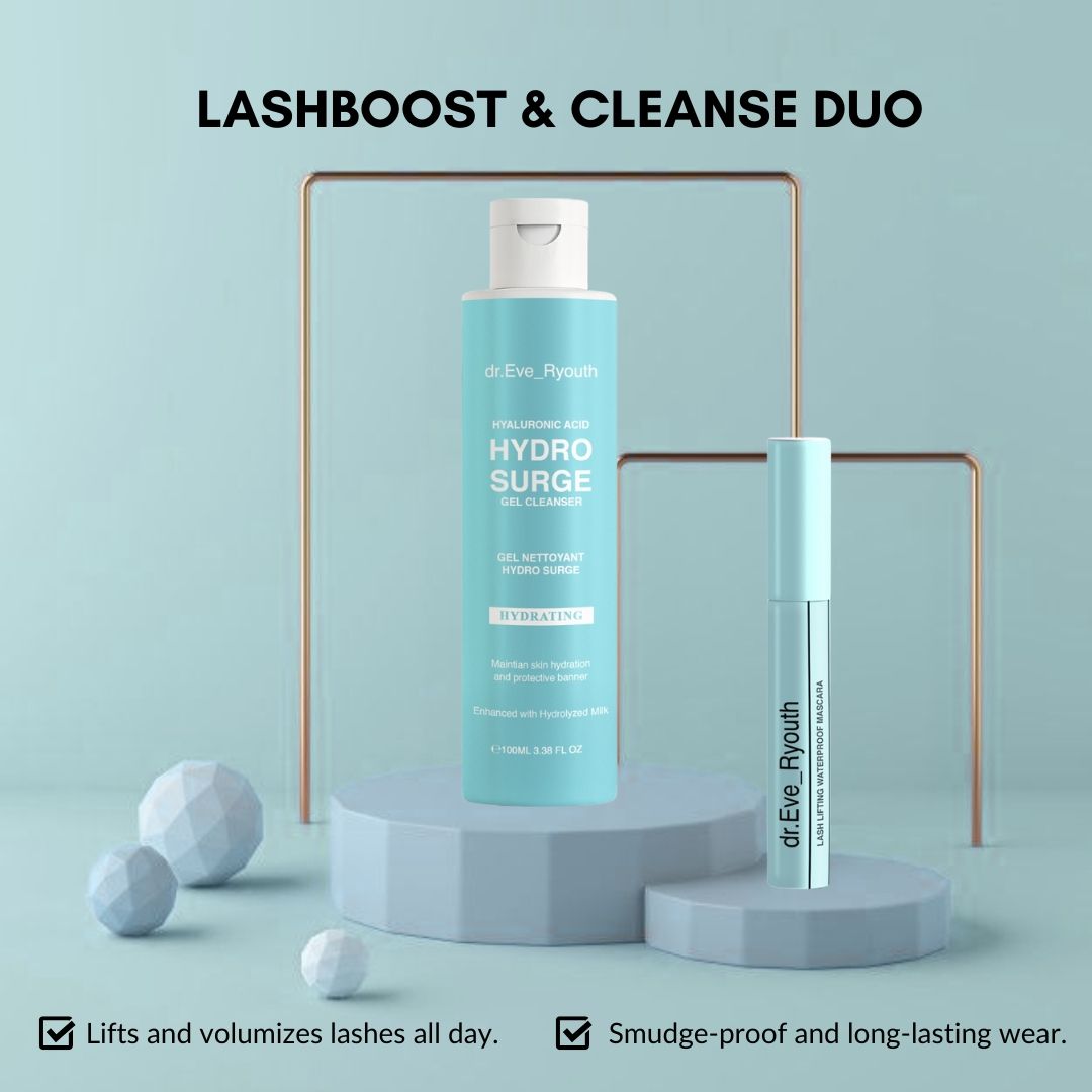 Due prodotti cosmetici su piedistalli. Flacone blu con tappo bianco e tubetto mascara. Testo: Hydro Surge, dr.Eve_Ryouth.