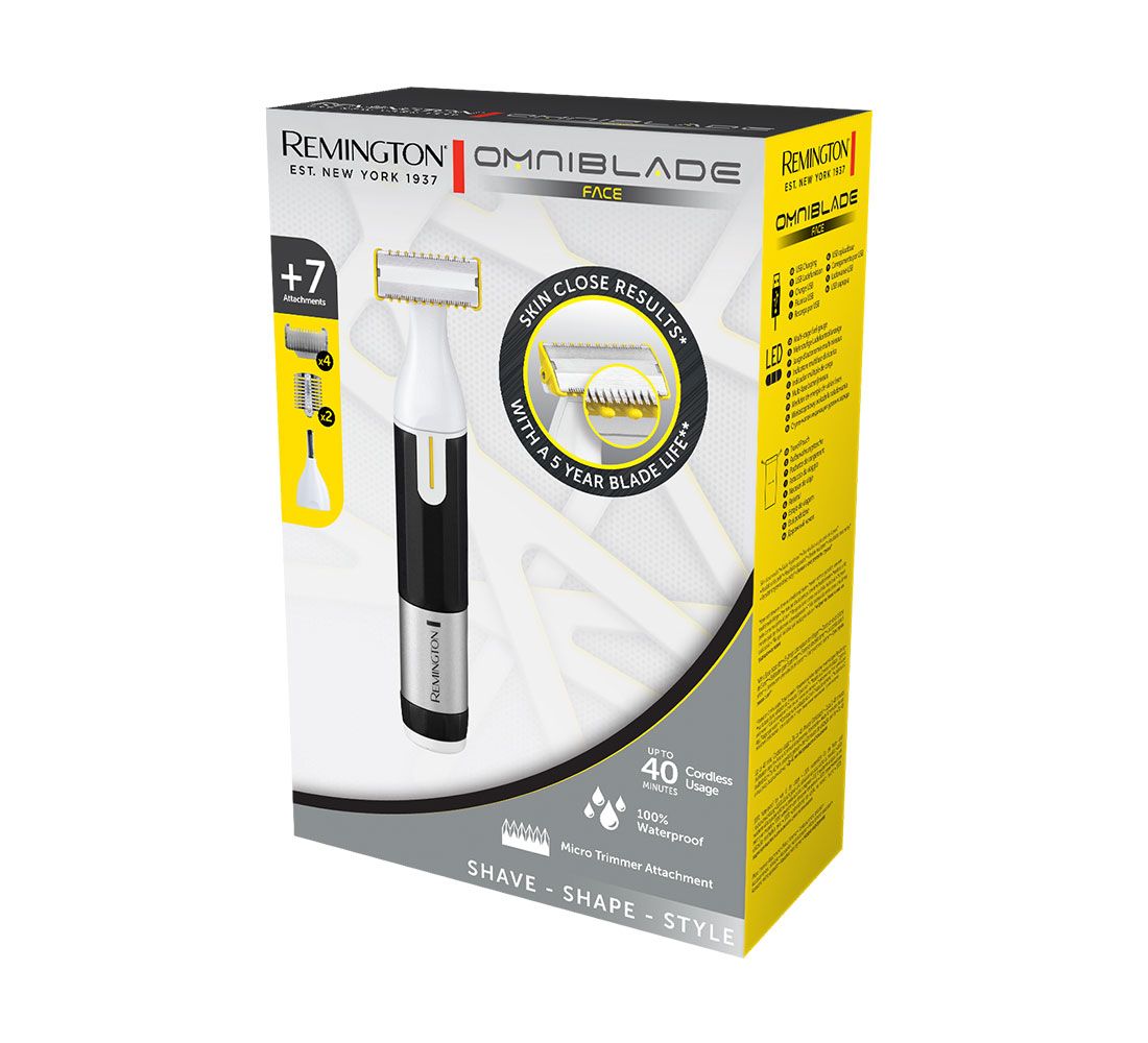 Confezione con trimmer e accessori. Sulla confezione è scritto Remington OMNIBLADE FACE.