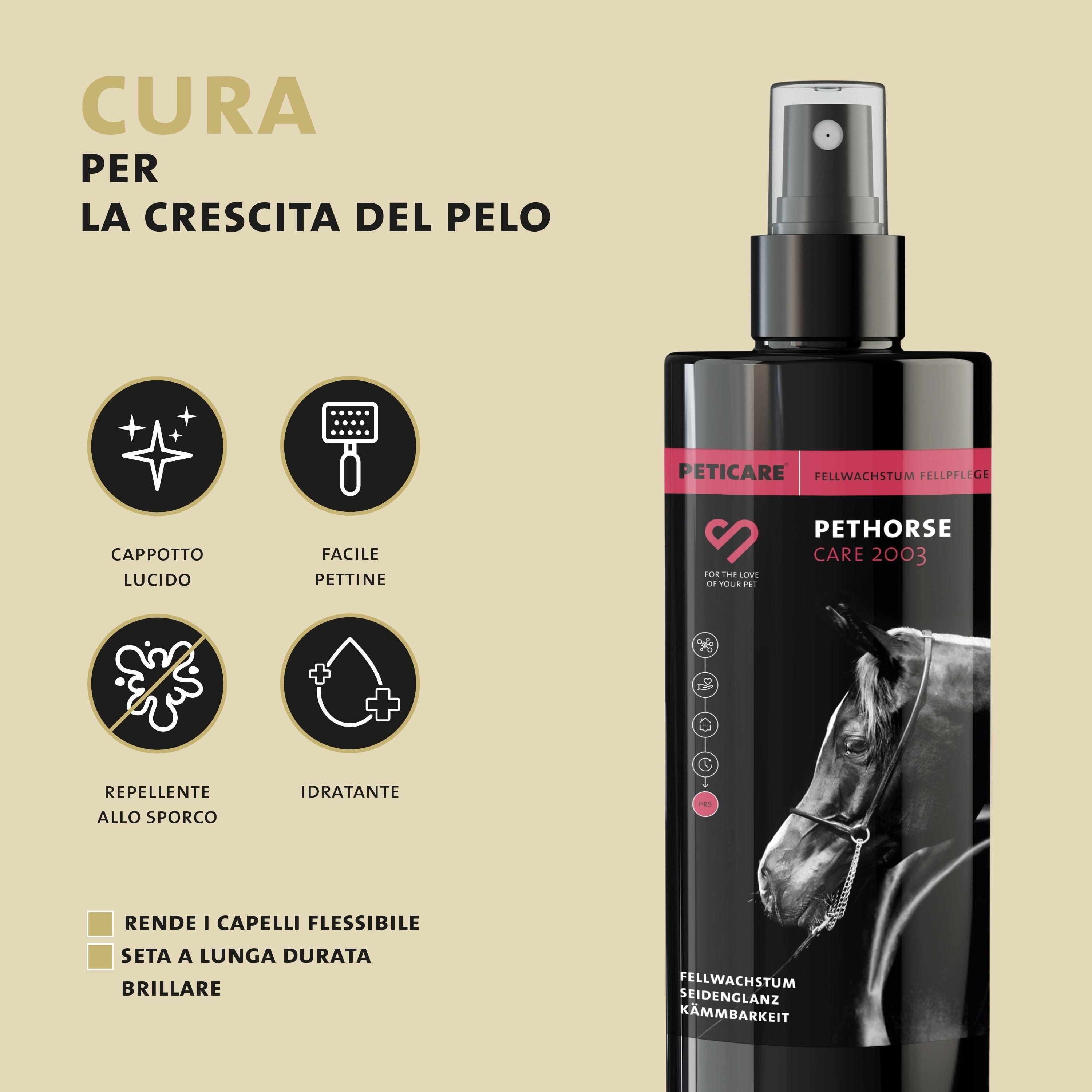 Flacone con spruzzatore. Testo: PETICARE PETHORSE CARE 2003. Testo: CAPPOTTO LUCIDO, FACILE PETTINE, REPELLENTE ALLO SPORCO.