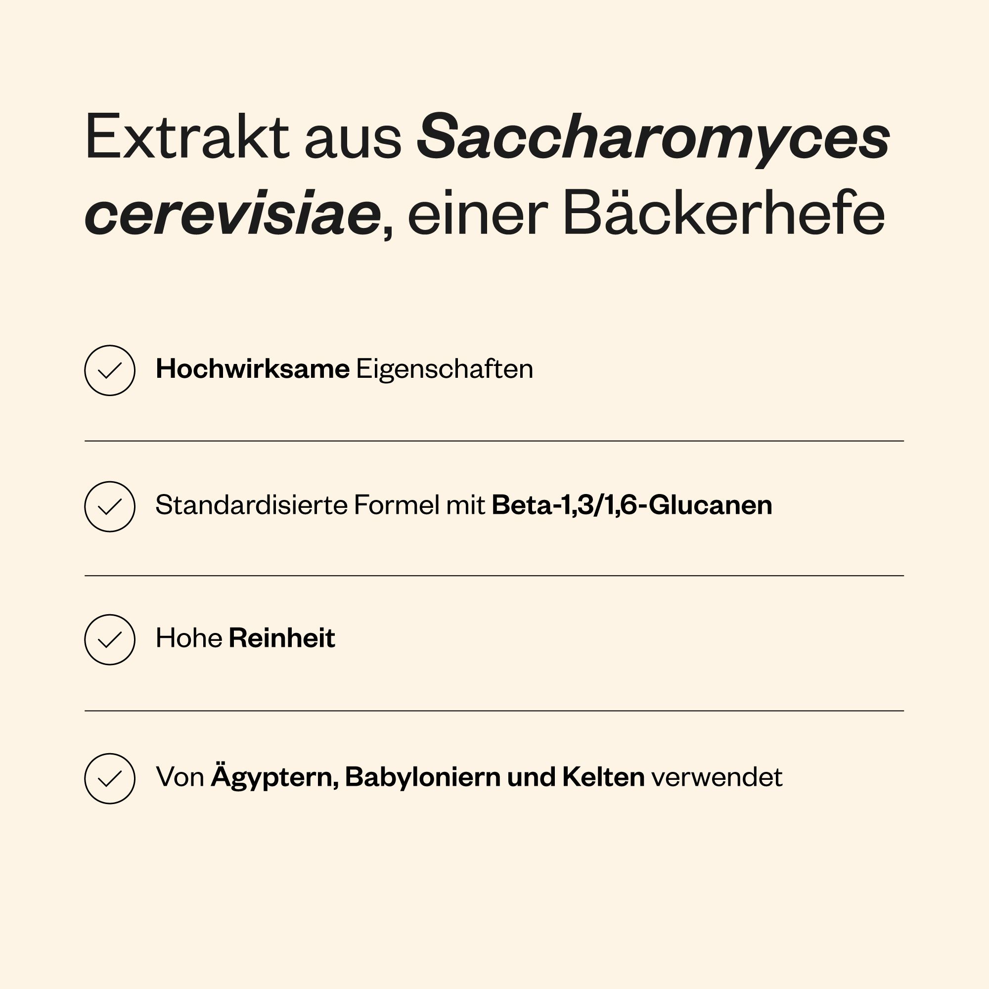 Testo sull'estratto di Saccharomyces cerevisiae. Caratteristiche: altamente efficace, standardizzato, alta purezza, utilizzato da Egizi, Babilonesi e Celti.