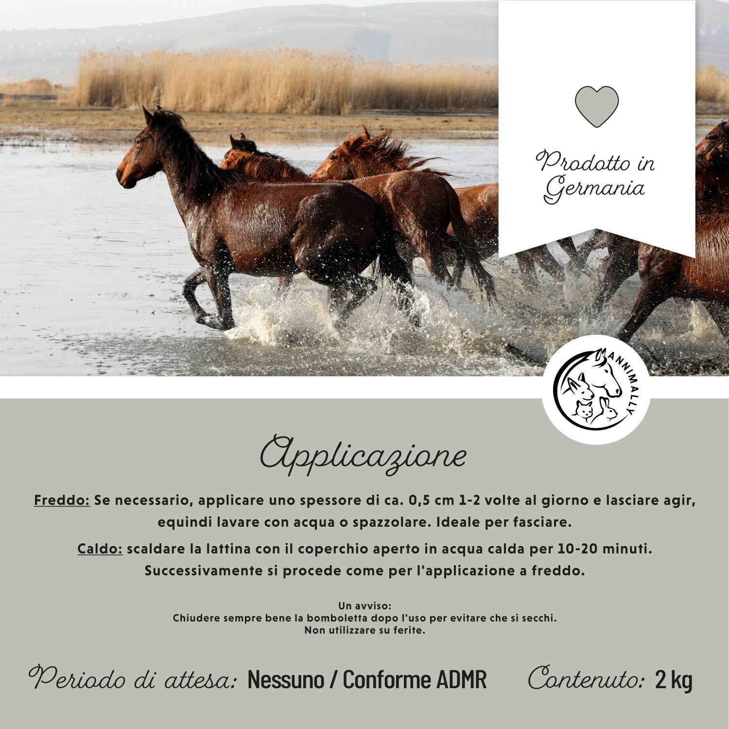Cavalli nell'acqua. Testo: Applicazione. Testo: Contenuto: 2 kg. Testo: Prodotto in Germania. Logo: cavallo e animale.