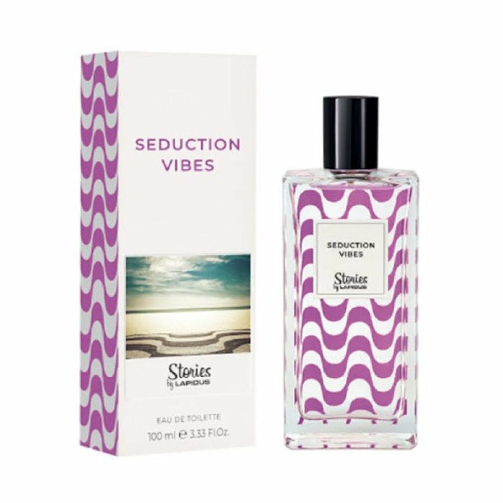 Flacone e confezione con motivo a onde. Scritta: Seduction Vibes, Stories by Lapidus. Immagine di una spiaggia. Tappo nero.