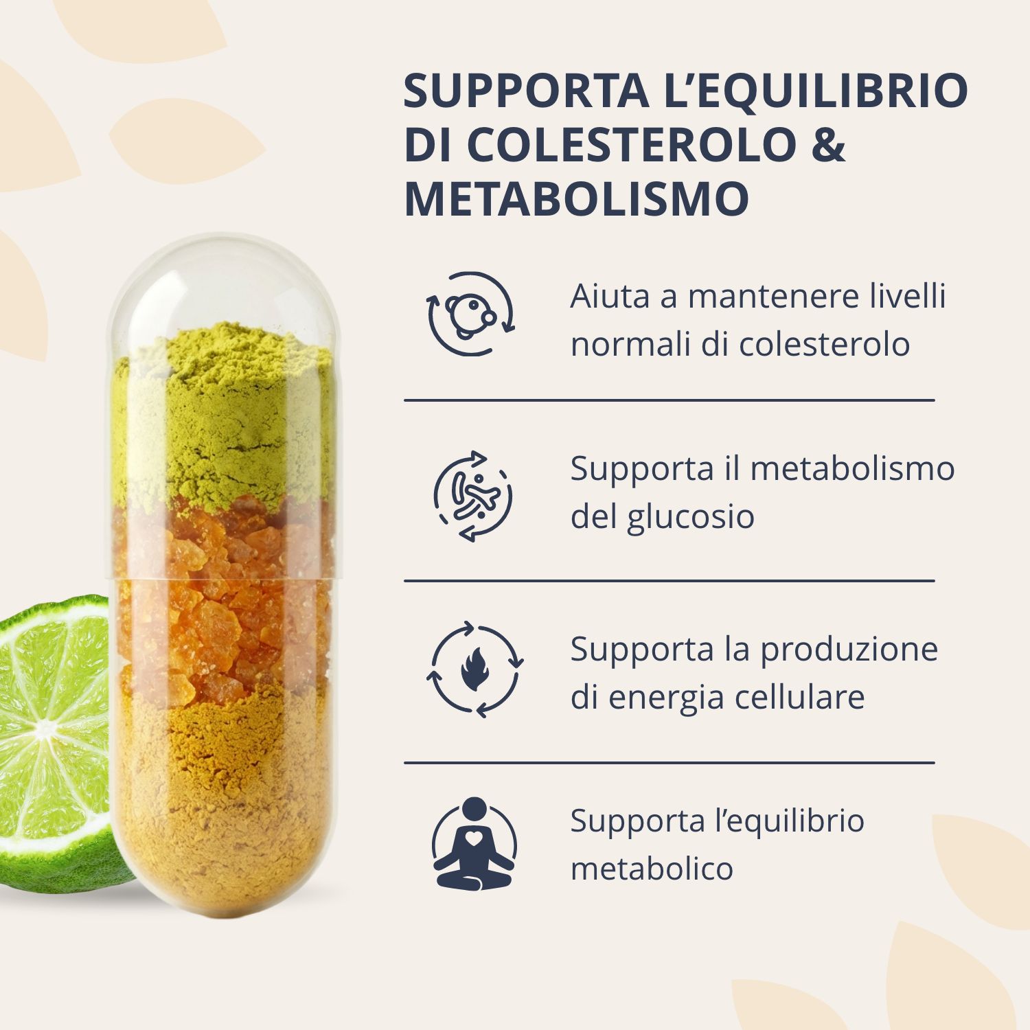 Capsula trasparente con strati di polvere che rappresentano gli ingredienti di Cardio Relief.