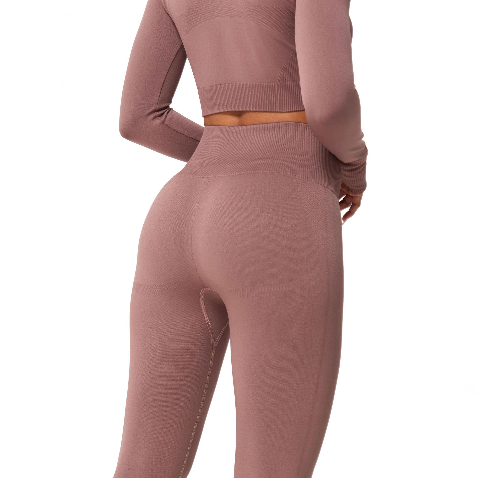 Leggings senza cuciture aderenti e crop top a maniche lunghe, color malva.