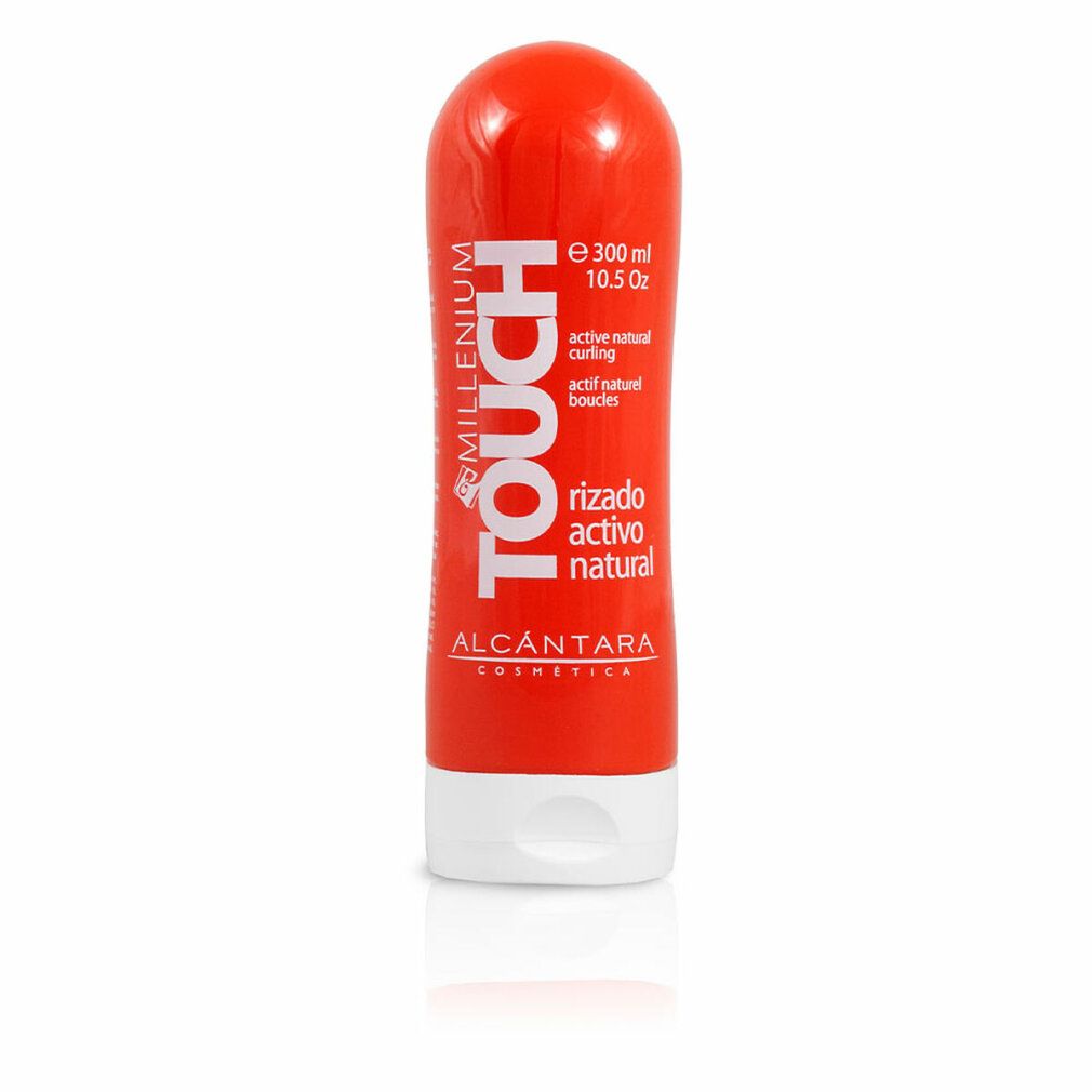 Flacone rosso con tappo bianco. Scritta "Millenium Touch", "rizado activo natural". Testo in spagnolo e inglese. Marchio: Alcántara Cosmética.