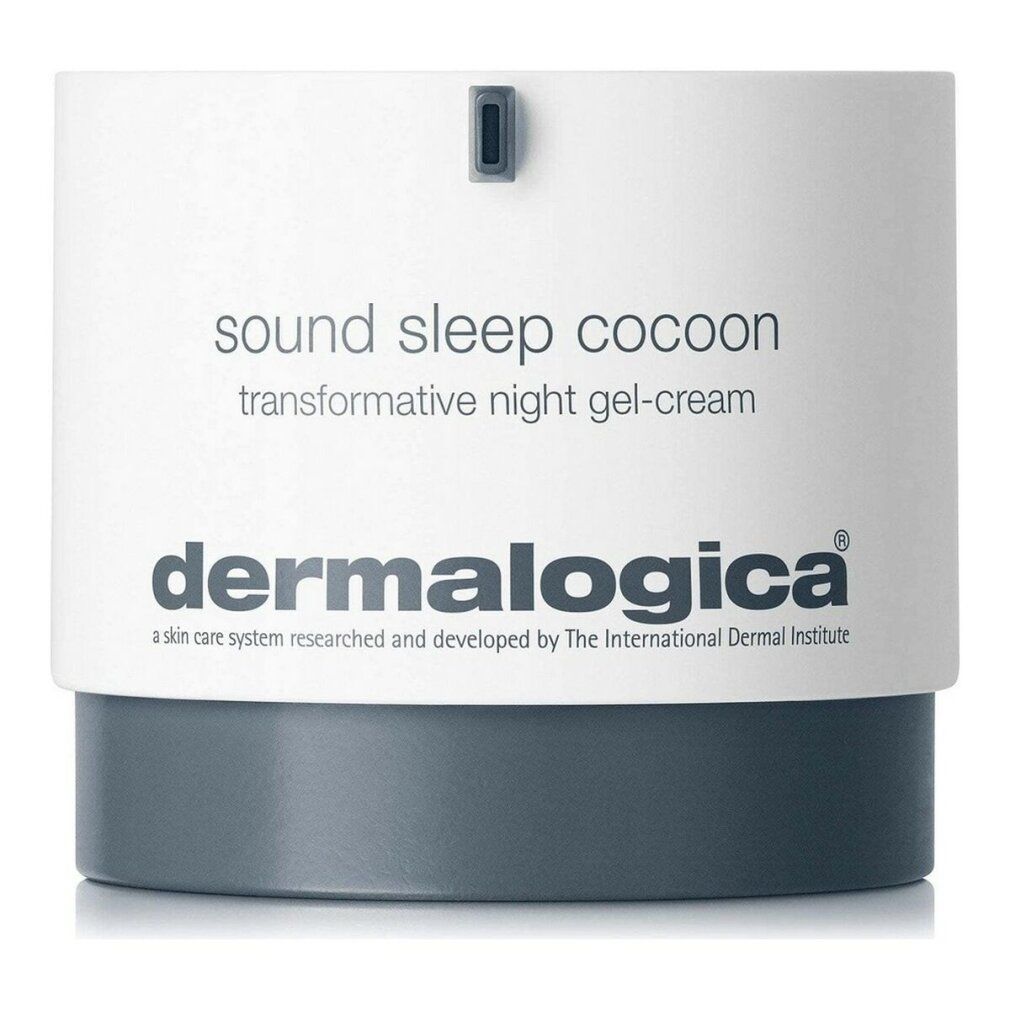 Barattolo cilindrico bianco e grigio. Scritta: sound sleep cocoon, Dermalogica.