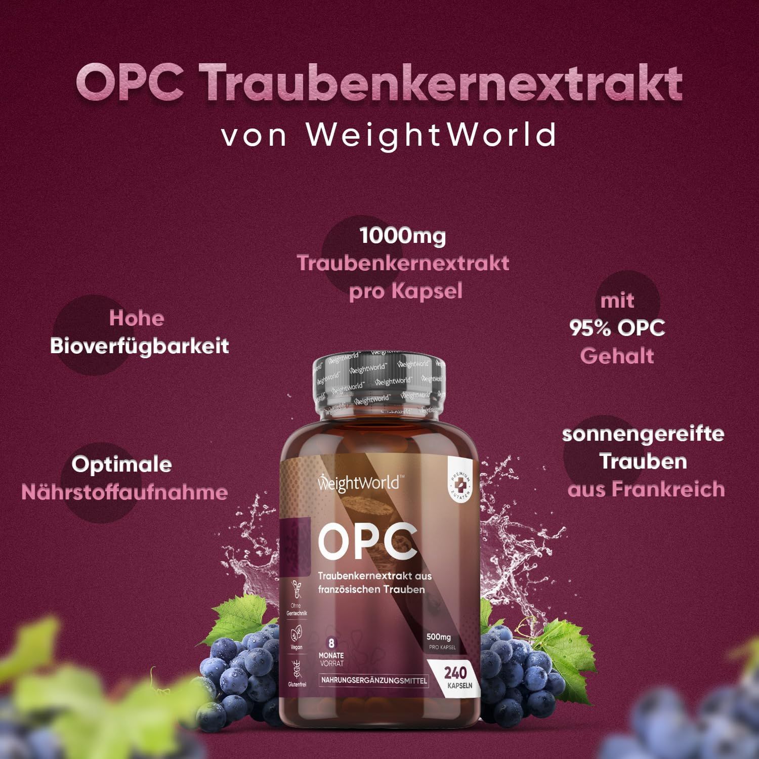Immagine del prodotto con flacone di estratto di semi d'uva OPC. Testo: 1000mg per capsula, 95% di contenuto di OPC, uva francese.