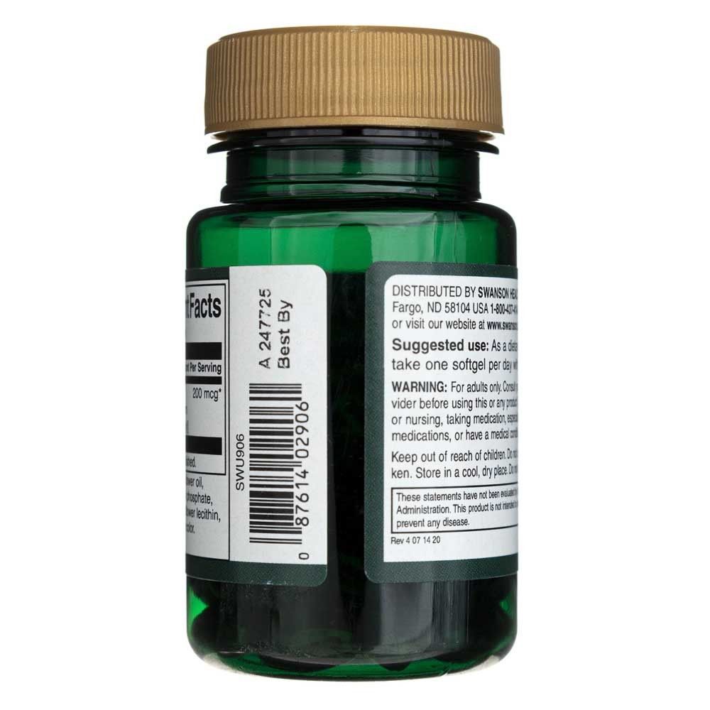 Lato di un flacone verde di Swanson Real Food K2, codice a barre e data di scadenza.