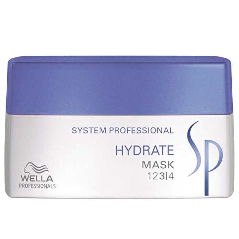 Barattolo bianco e blu con scritta "Hydrate Maske". Marca: Wella SP. Contiene testo in tedesco, inglese, francese e italiano.