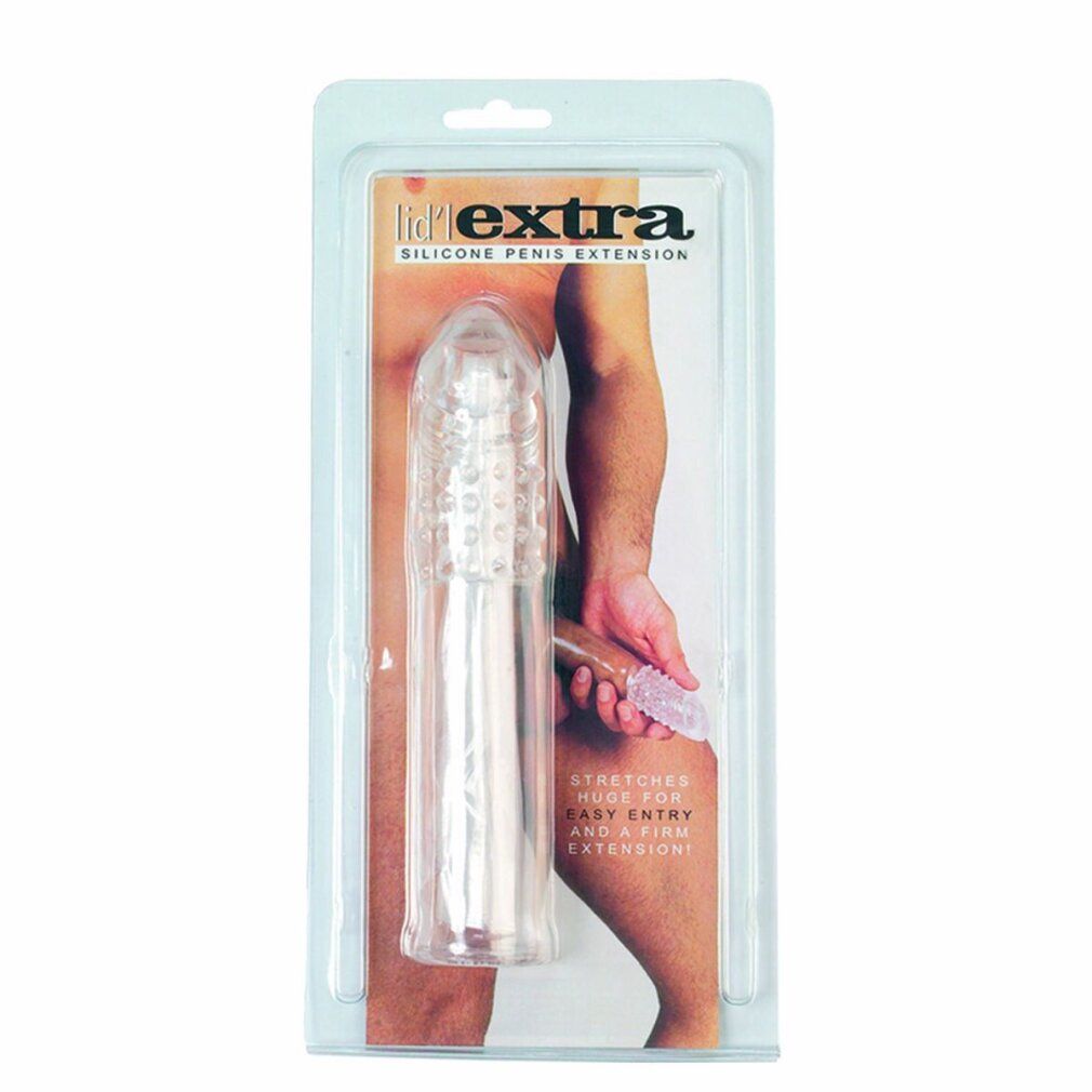 Confezione con estensione del pene in silicone. Nome prodotto: lidl extra. Prodotto trasparente, uomo sullo sfondo.