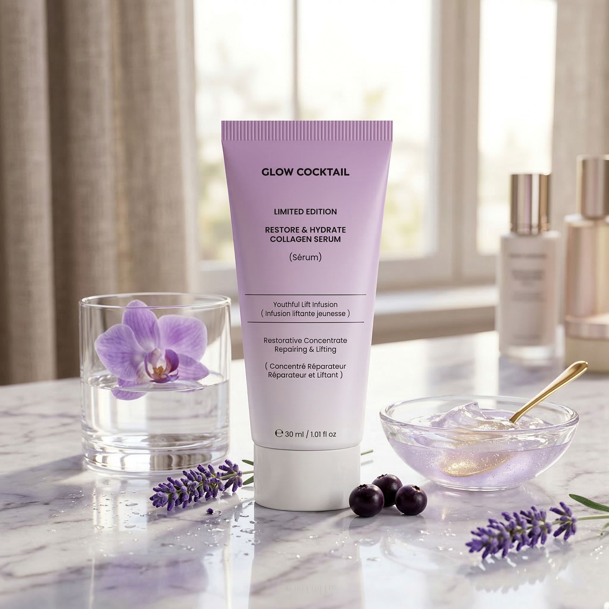 Un tubetto viola chiaro con la scritta "Glow Cocktail Restore & Hydrate Collagen Serum", circondato da lavanda e un'orchidea.