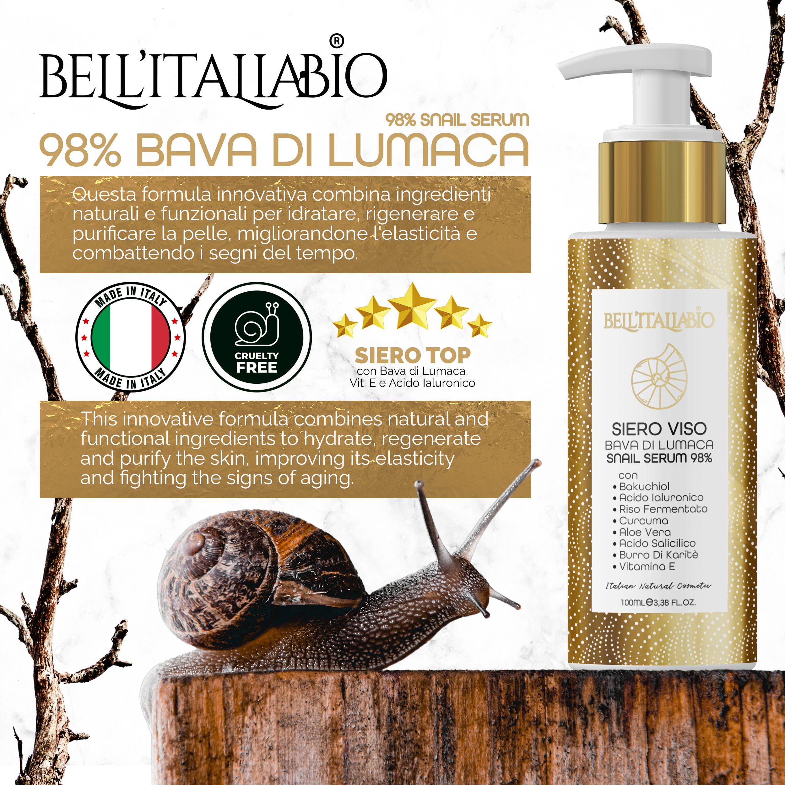Flacone di siero per il viso con dosatore. Dettagli dorati. Testo: Siero Viso Bava di Lumaca Snail Serum 98%. Lumaca e pezzo di legno sullo sfondo.