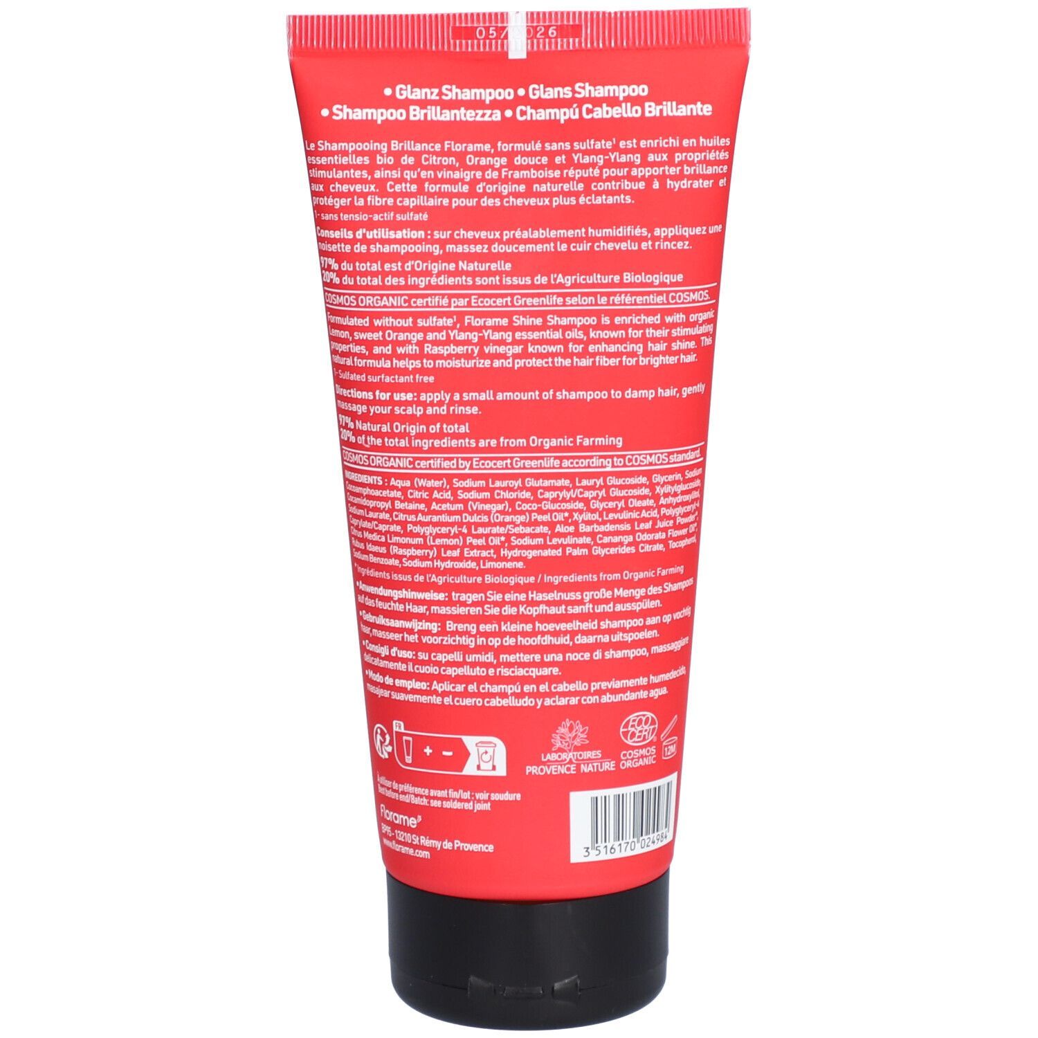 Tubo rosso Florame Shampoo, retro. Testo: "Glanz Shampoo", ingredienti, certificazione.