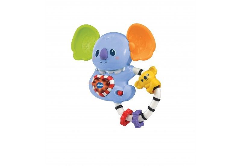 Sonaglio a forma di koala blu con orecchie colorate e cuore. Logo VTech. Anello con anelli colorati e koala giallo.