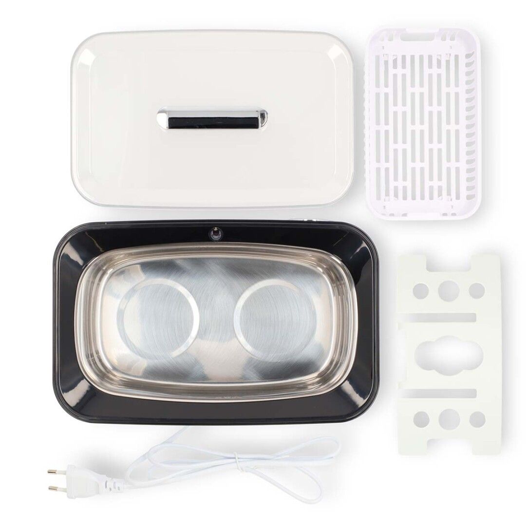 Pulitore a ultrasuoni smontato con coperchio, cestello, supporto e cavo di alimentazione. Marchio: Nedis.